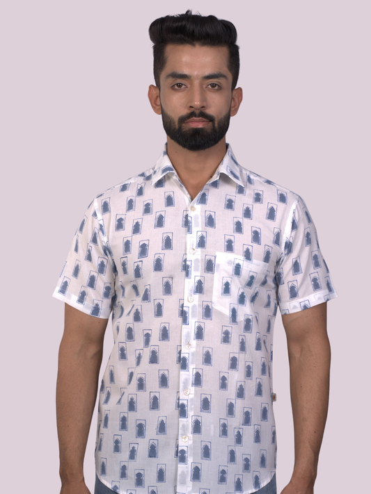 half sleeve Indian Hand Block Print Shirt Jaipur Jarokha Blue Design Shirt 100% Cotton Fabric