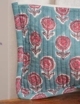 Teal Blue Rustic Floral Block Print Frame Pouch