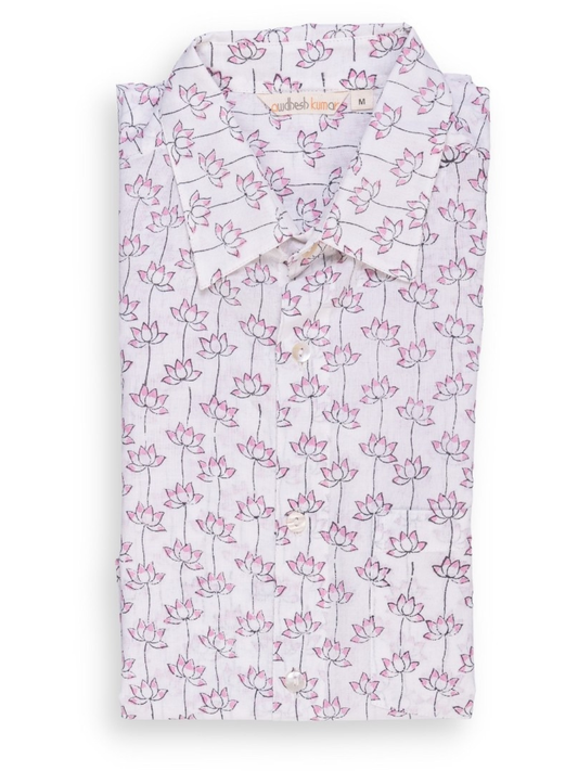 half sleeve Indian Sacred Lotus Pastel Print Shirt handmade Design Shirt 100% Cotton Fabric