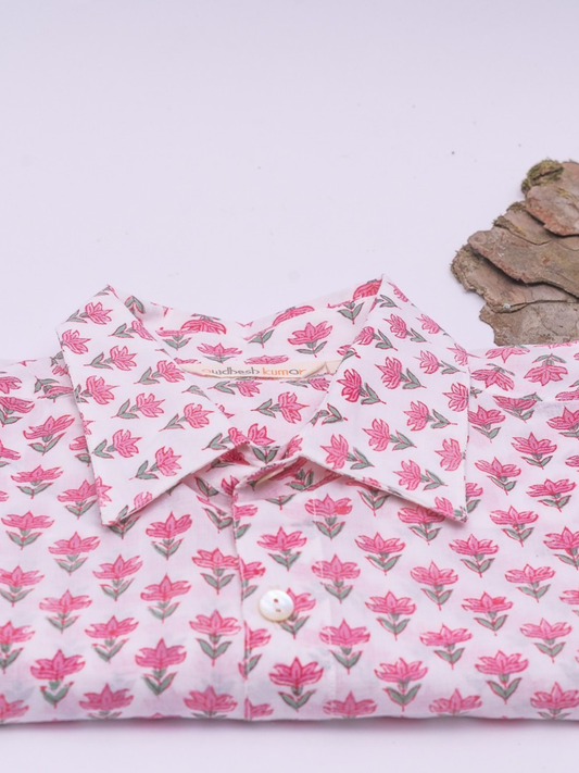 Short Sleeve Indian Pink Meadow Flower Print Shirt Pink Buti Small Design Shirt 100% Cotton Fabric