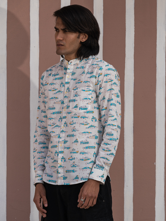 Full Sleeve Indian Hand Block Print Shirt White & Blue Printed Mandarin Collar Bloom Shirt 100% Cotton Fabric