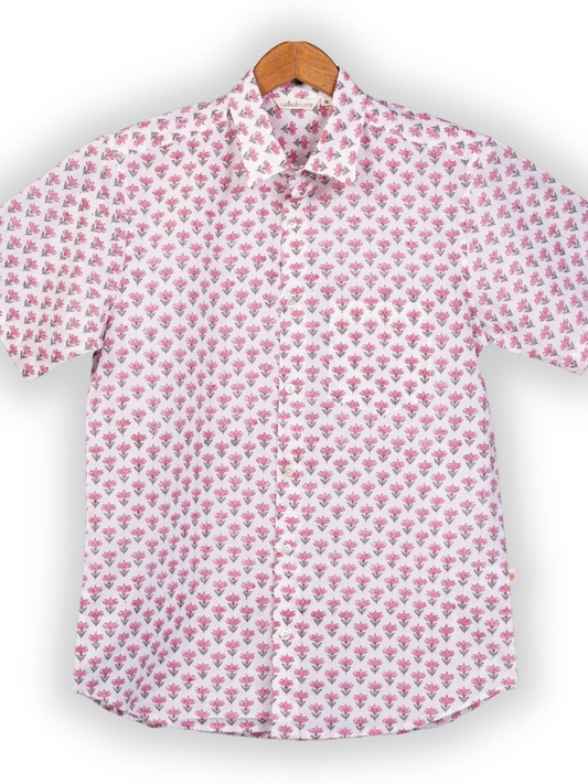 Short Sleeve Indian Pink Meadow Flower Print Shirt Pink Buti Small Design Shirt 100% Cotton Fabric