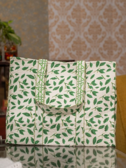Awdhesh Kumar Garden Green Essence Cotton Hand Block Printed Tote Bag for Women