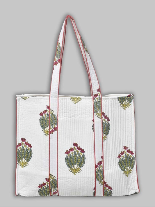 Awdhesh Kumar Ivory Garden Carryall Cotton Hand Block Printed Tote Bag for Women