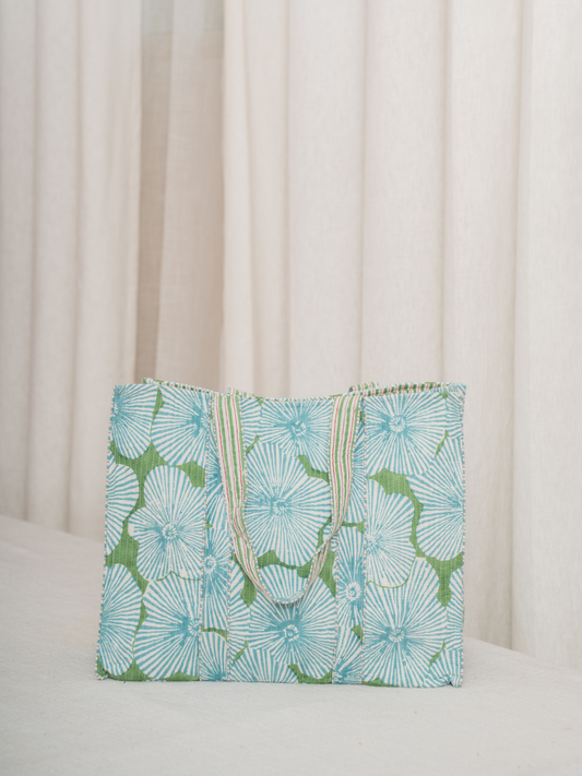 Ocean Bloom Cotton Hand Block Printed Tote Bag