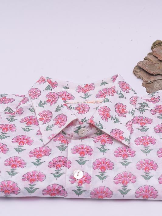 Short Sleeve Indian Pink Blossom Tree Print Shirt Pink Buti Big Design Shirt 100% Cotton Fabric