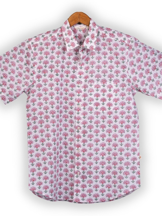 Short Sleeve Indian Pink Blossom Tree Print Shirt Pink Buti Big Design Shirt 100% Cotton Fabric