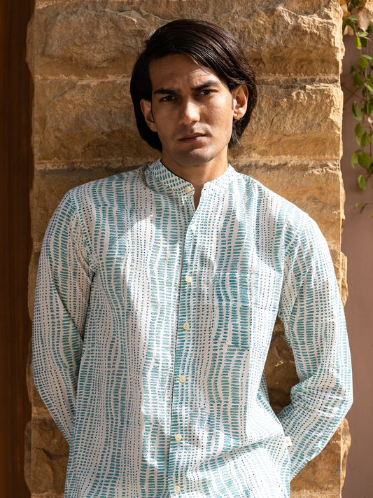 Full Sleeve Indian Hand Block Print Shirt Mint Green Geometric Printed Mandarin Collar Bloom Shirt 100% Cotton Fabric
