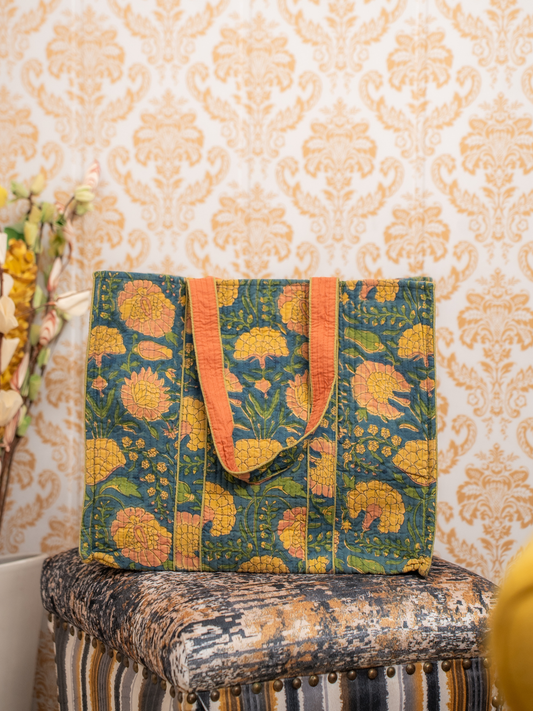 Awdhesh Kumar Mehndi Bloom Bag Cotton Hand Block Printed Tote Bag for Women