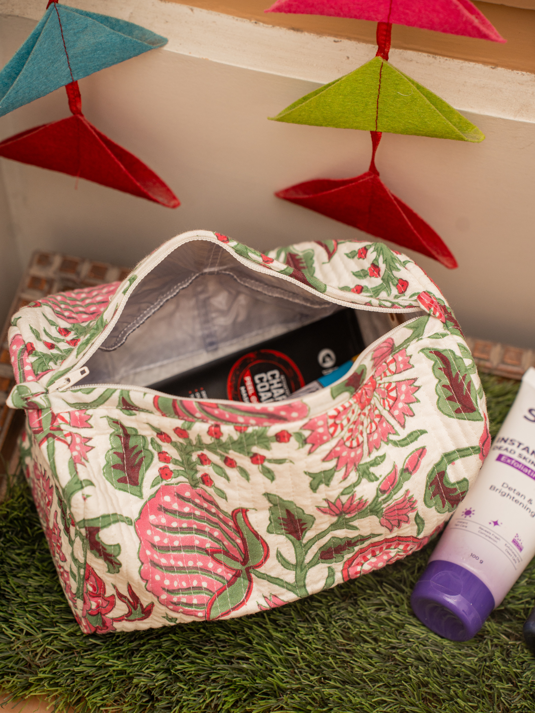 Awdhesh Kumar Lotus Trail Pouch Cotton Hand Block Printed Toiletry Bags for Women