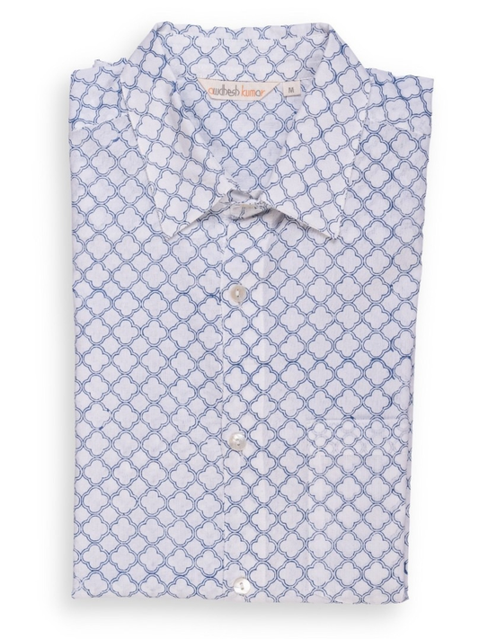 Short Sleeve Indian Blue Lattice Geometry Print Line Jali Blue Design Shirt 100% Cotton Fabric