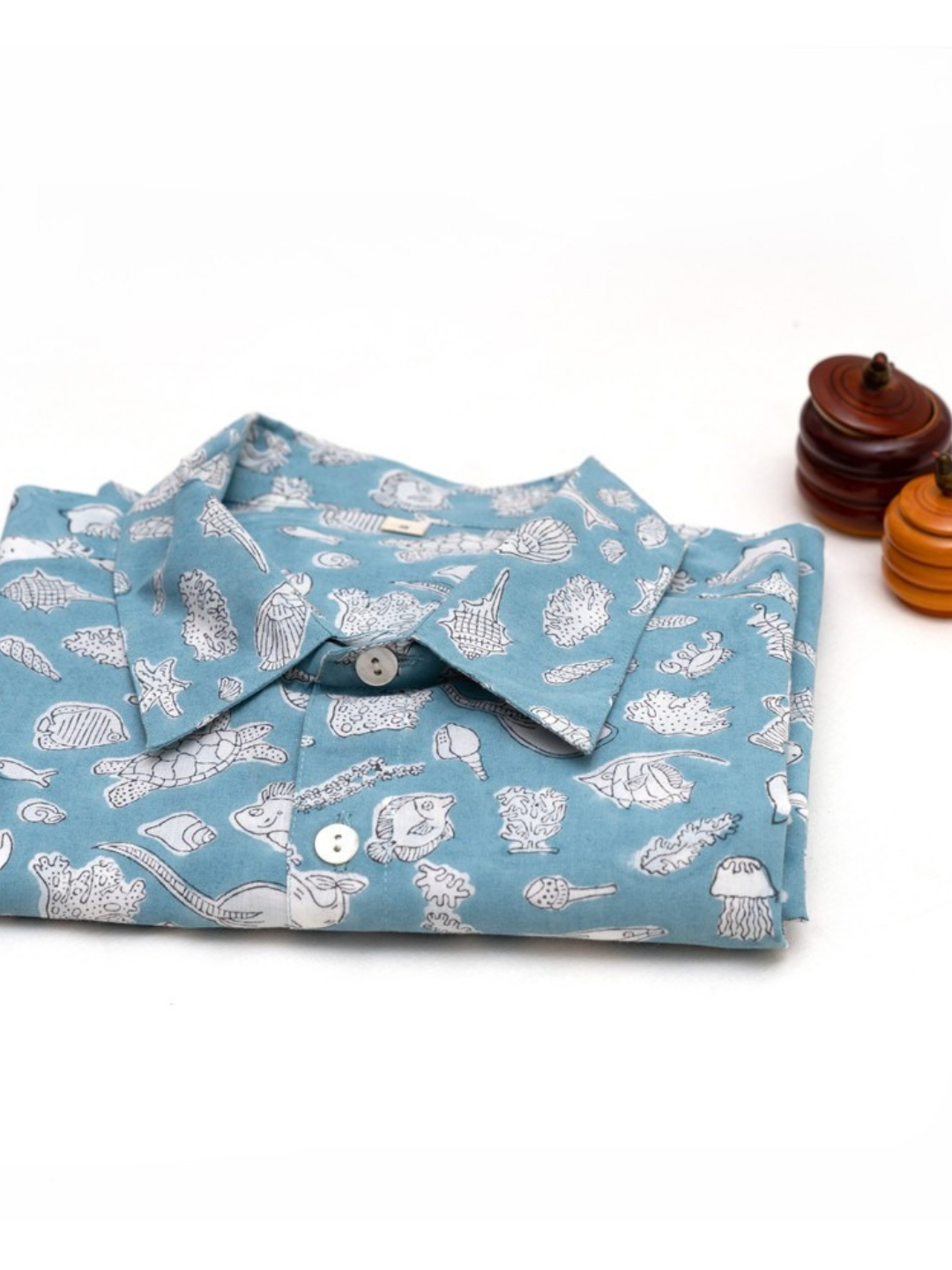 Short Sleeve Indian Ocean Life Print Shirt Ocean Design Shirt 100% Cotton Fabric Indian Hand Block Print Shirt Design