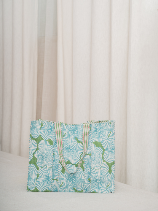 Ocean Bloom Cotton Hand Block Printed Tote Bag
