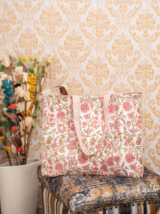 Awdhesh Kumar Blush Bloom Carryall Cotton Hand Block Printed Tote Bag for Women