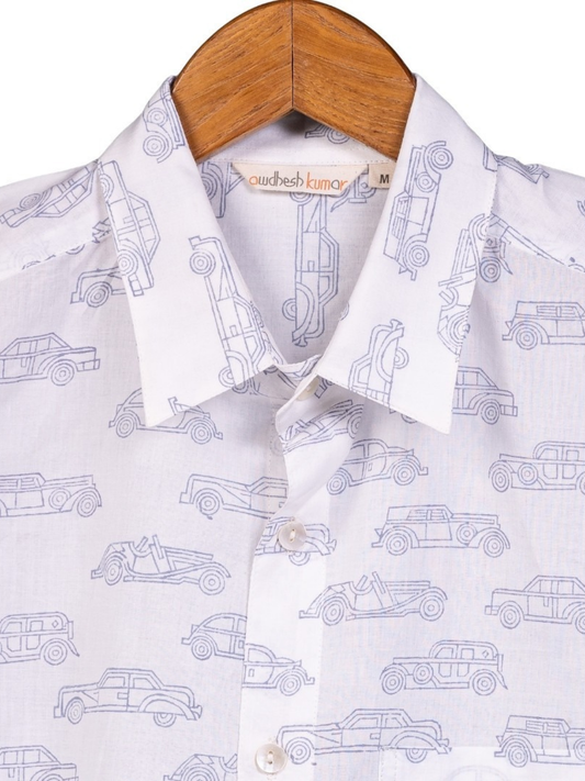 Short Sleeve Indian Vintage Car Sketch Print Shirt Car Grey Design Shirt 100% Cotton Fabric