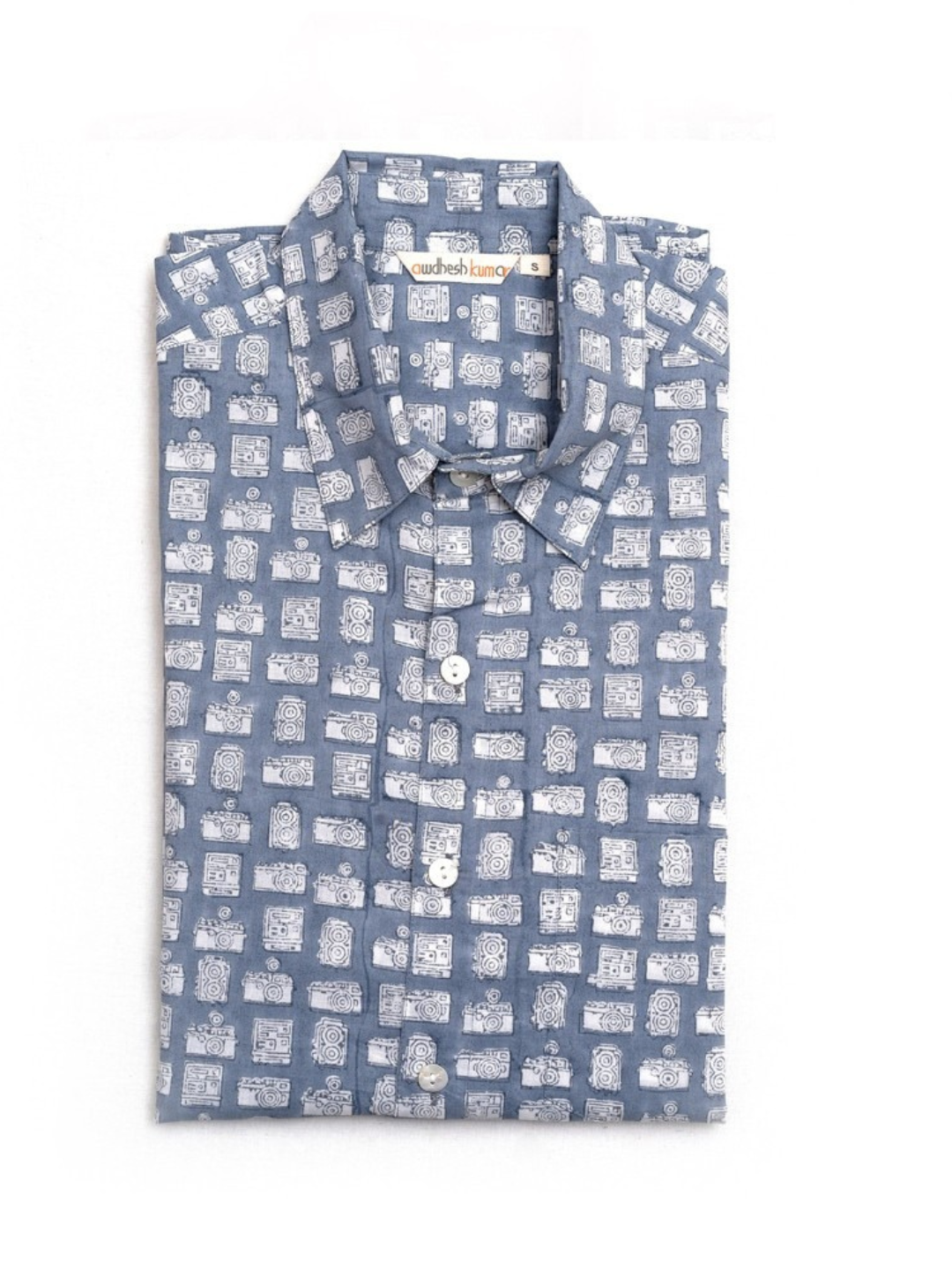 Short Sleeve Indian Blue Abstract Block Print Shirt Vintage Camera shirt 100% Cotton Fabric