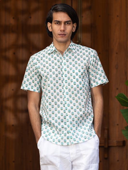 half sleeve Indian Hand Block Print Shirt Jaipur Cool Leaf Charm Shirt 100% Cotton Fabric
