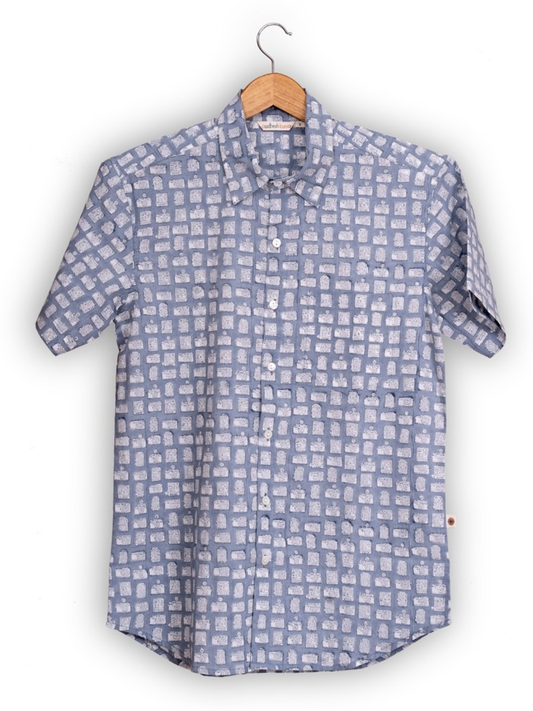 Short Sleeve Indian Blue Abstract Block Print Shirt Vintage Camera shirt 100% Cotton Fabric