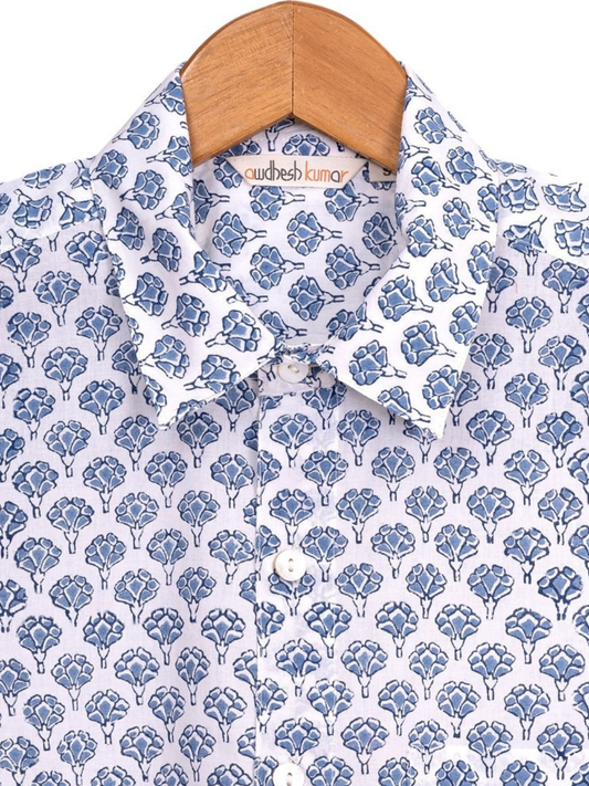 Short Sleeve Indian Blue Floral Buti Print Shirt Buti-Multi Design Shirts 100% Cotton Fabric