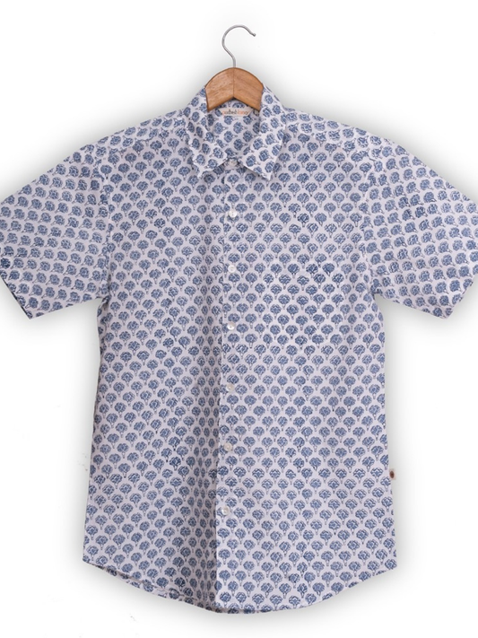 Short Sleeve Indian Blue Floral Buti Print Shirt Buti-Multi Design Shirts 100% Cotton Fabric