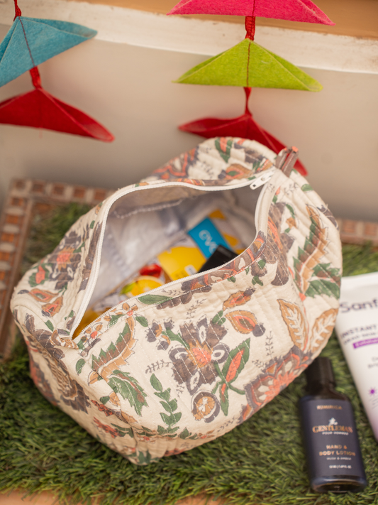 Awdhesh Kumar Vintage Botanical Pouch Cotton Hand Block Printed Toiletry Bags for Women