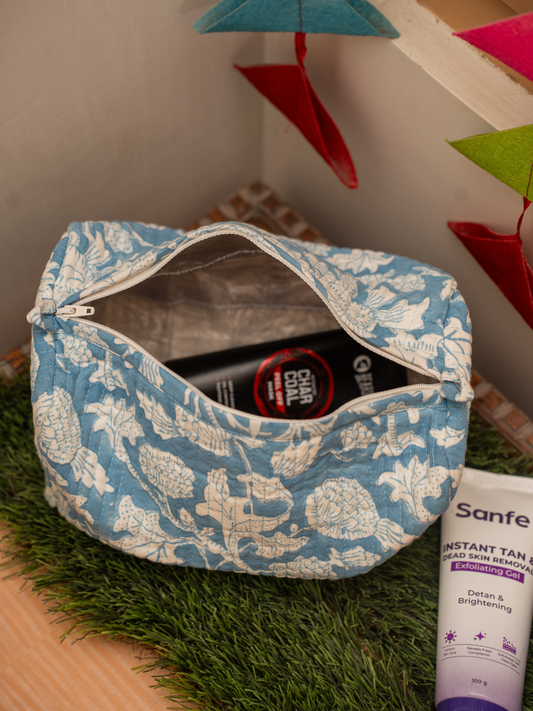 Awdhesh Kumar Azure Meadow Organizer Cotton Hand Block Printed Toiletry Bags for Women