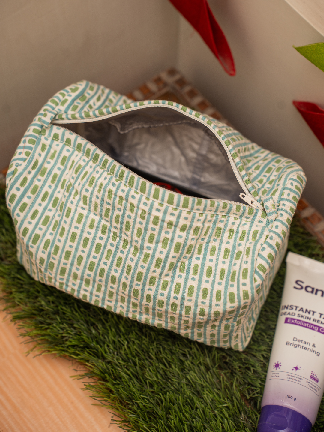 Awdhesh Kumar Aqua Line Travel Case Cotton Hand Block Printed Toiletry Bags for Women