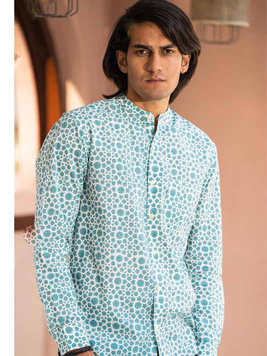 Full Sleeve Indian Hand Block Print Shirt Elegant Aqua Blue Printed Mandarin Collar Shirt 100% Cotton Fabric