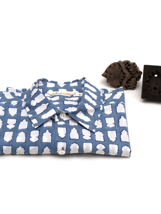 Short Sleeve Indian Indigo Bottle Block Print Shirt Jharokha Gud Design Shirt 100% Cotton Fabric