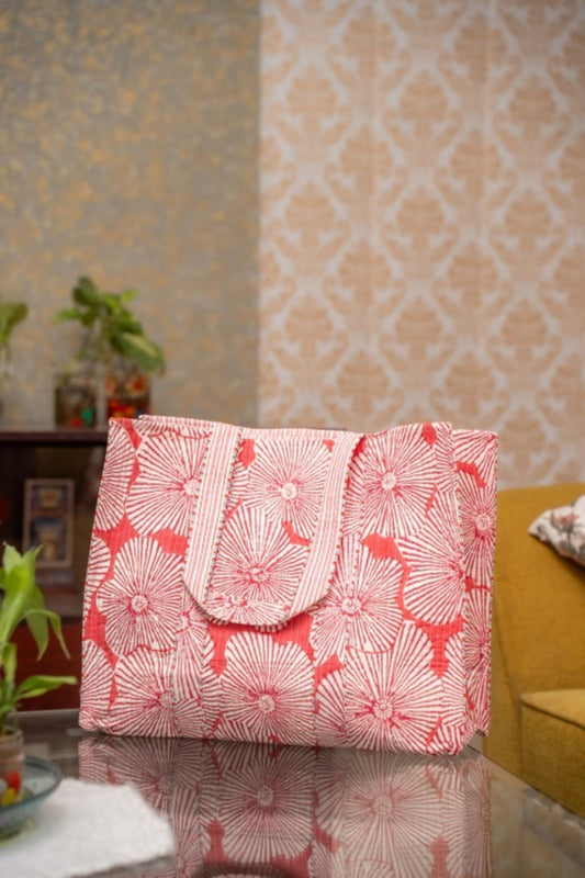 Awdhesh Kumar Scarlet Starflower Cotton Hand Block Printed Tote Bag for Women