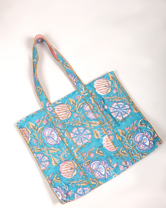 Awdhesh Kumar Aqua Royale Floral Cotton Hand Block Printed Tote Bag for Women