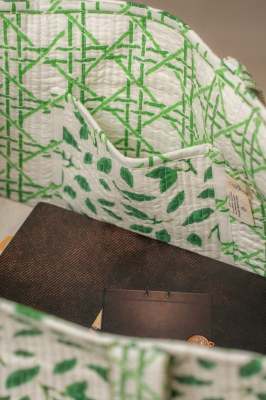 Awdhesh Kumar Garden Green Essence Cotton Hand Block Printed Tote Bag for Women