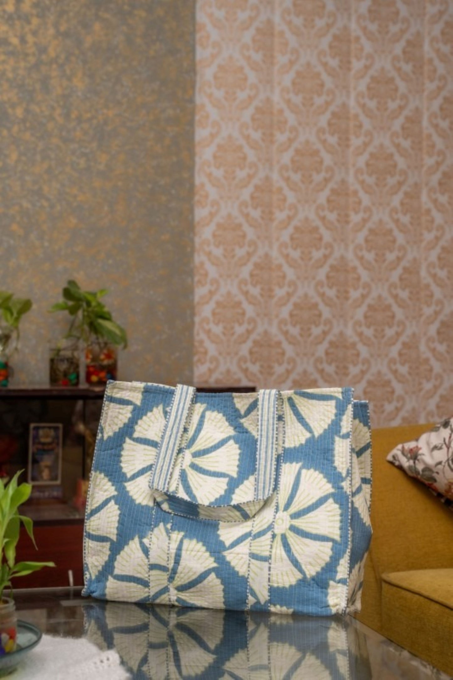 Awdhesh Kumar Blue Fan Blossom Cotton Hand Block Printed Tote Bag for Women