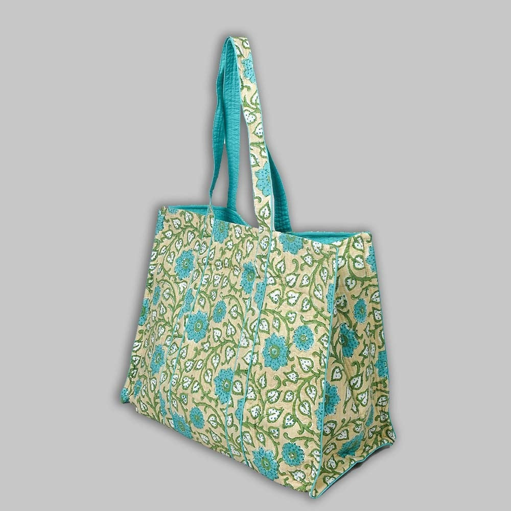 Awdhesh Kumar Botanical Aqua Bloom Cotton Hand Block Printed Tote Bag for Women
