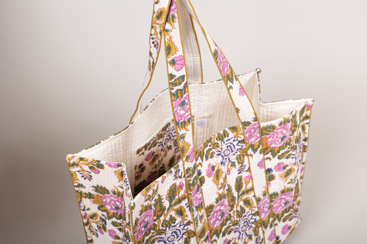 Awdhesh Kumar Floral Serenity Shopper Cotton Hand Block Printed Tote Bag for Women