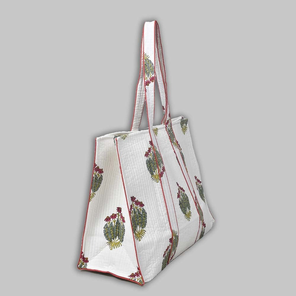 Awdhesh Kumar Ivory Garden Carryall Cotton Hand Block Printed Tote Bag for Women