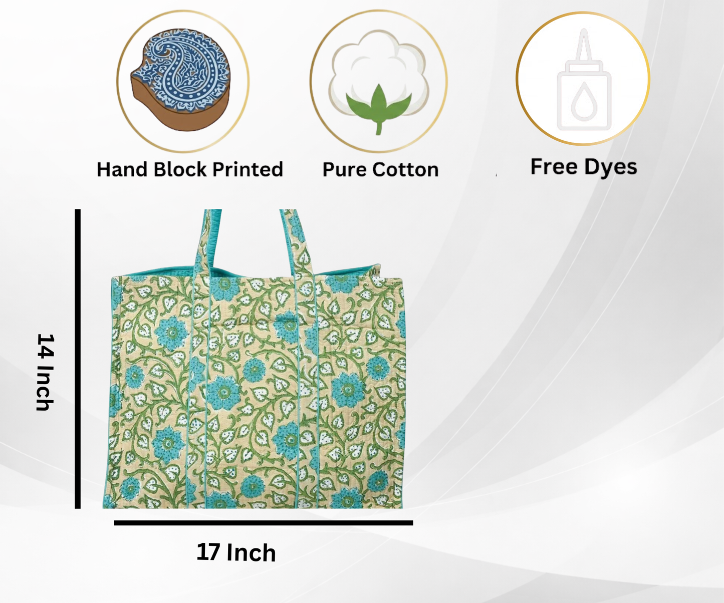 Awdhesh Kumar Botanical Aqua Bloom Cotton Hand Block Printed Tote Bag for Women
