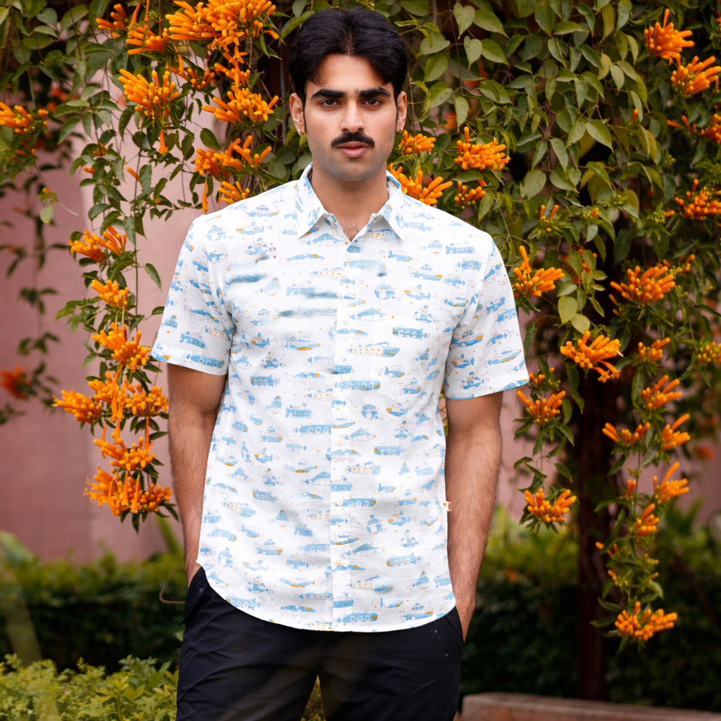 half sleeve Indian Hand Block Print Shirt Ocean Journey Design Shirt 100% Cotton Fabric