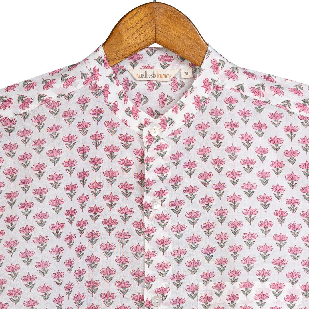 Full Sleeve Indian Hand Block Print Shirt Pink Buti Small Design Shirt 100% Cotton Fabric