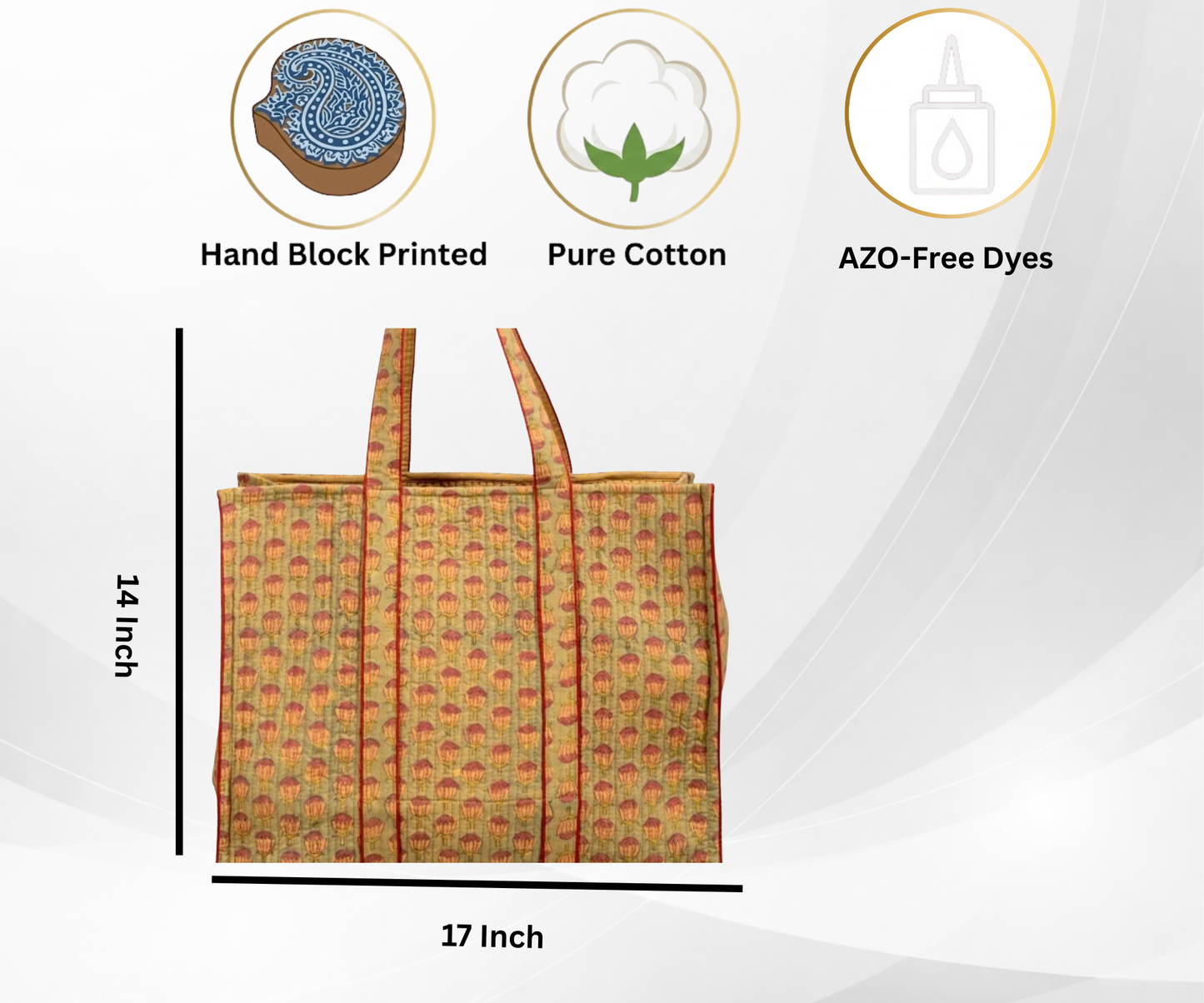 Cotton Hand Bag,Saffron Lotus Quilted Tote Bags, Women hand bags, Tote bags for Girls, Fashion Tote bags, Printed Tote Bags