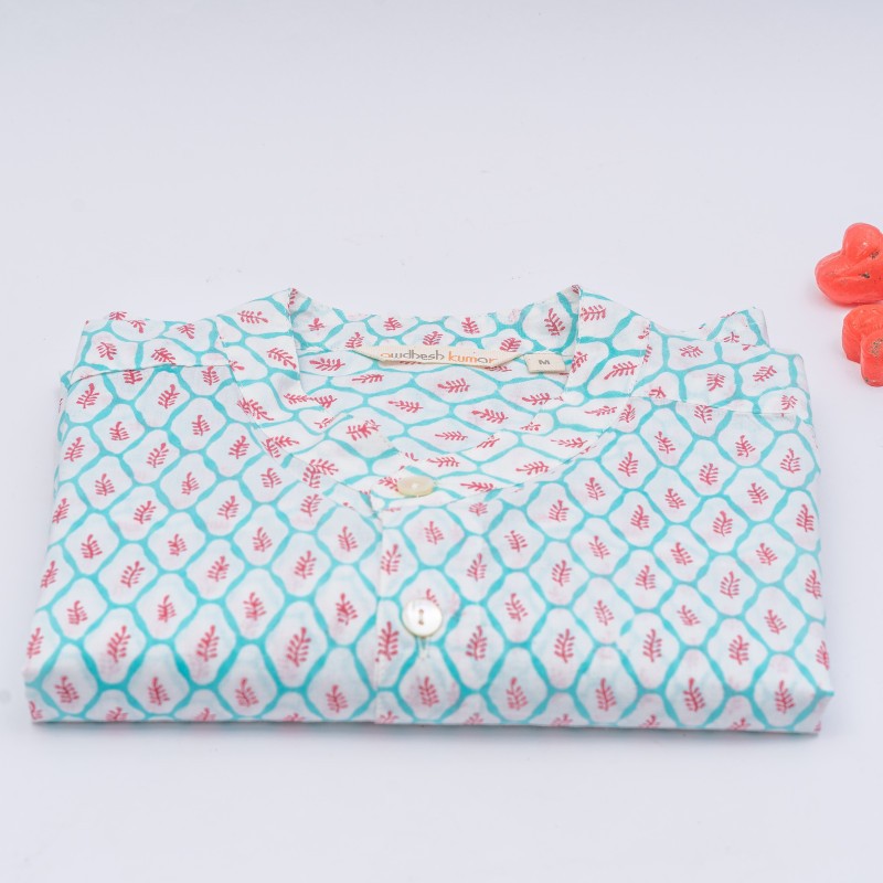 Full Sleeve Indian Hand Block Print Shirt Buti Grid Design Shirt 100% Cotton Fabric