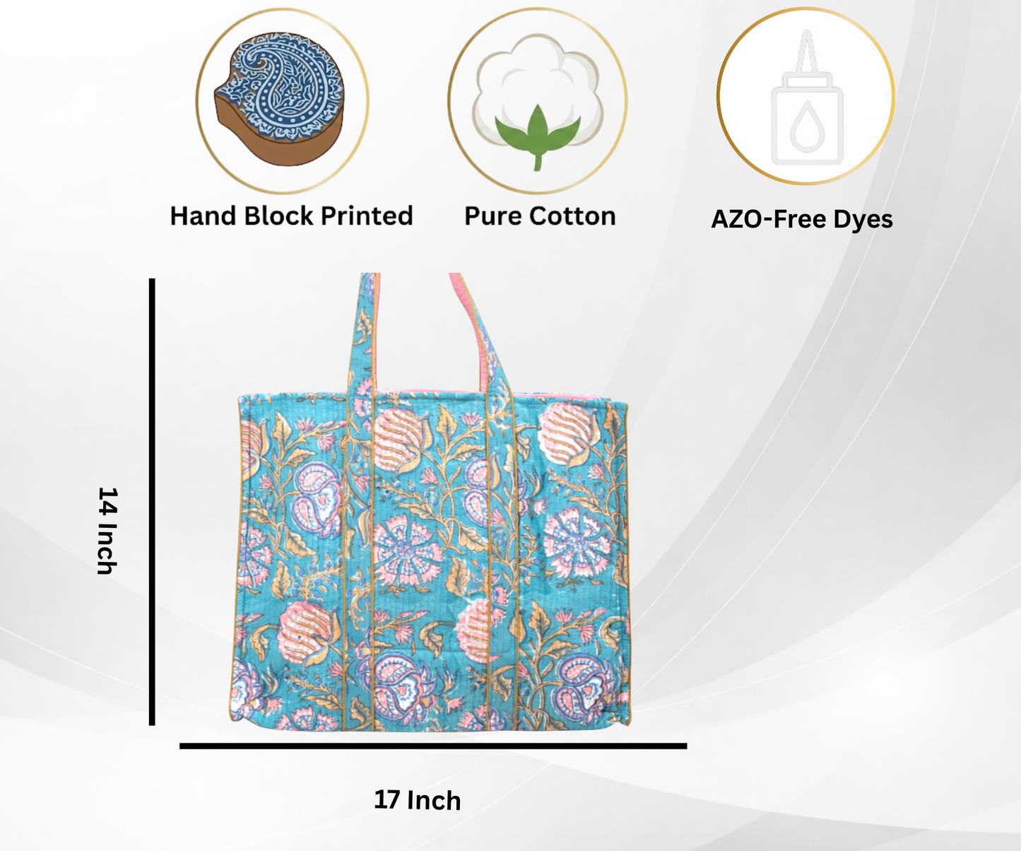 Awdhesh Kumar Aqua Royale Floral Cotton Hand Block Printed Tote Bag for Women