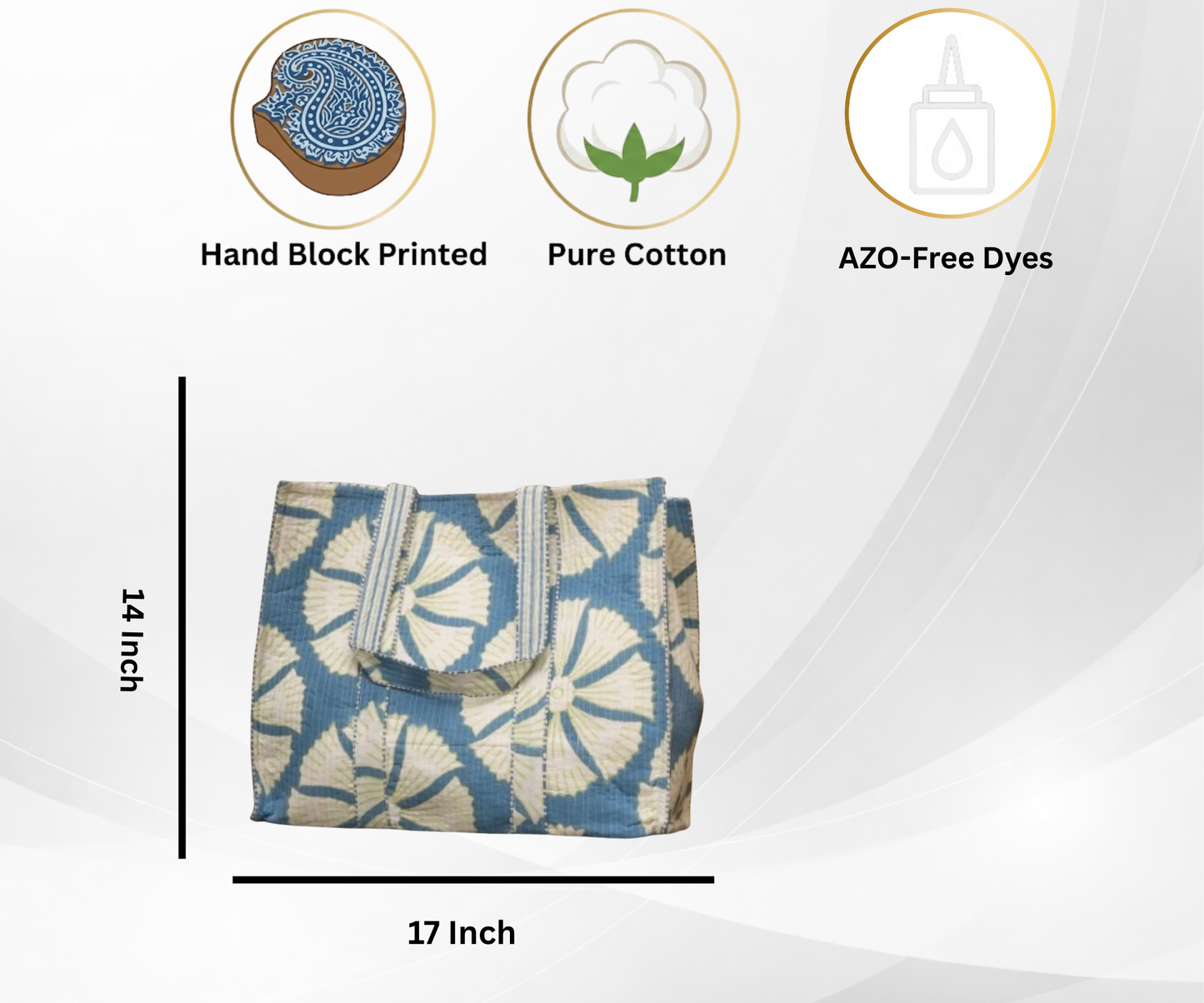 Awdhesh Kumar Blue Fan Blossom Cotton Hand Block Printed Tote Bag for Women