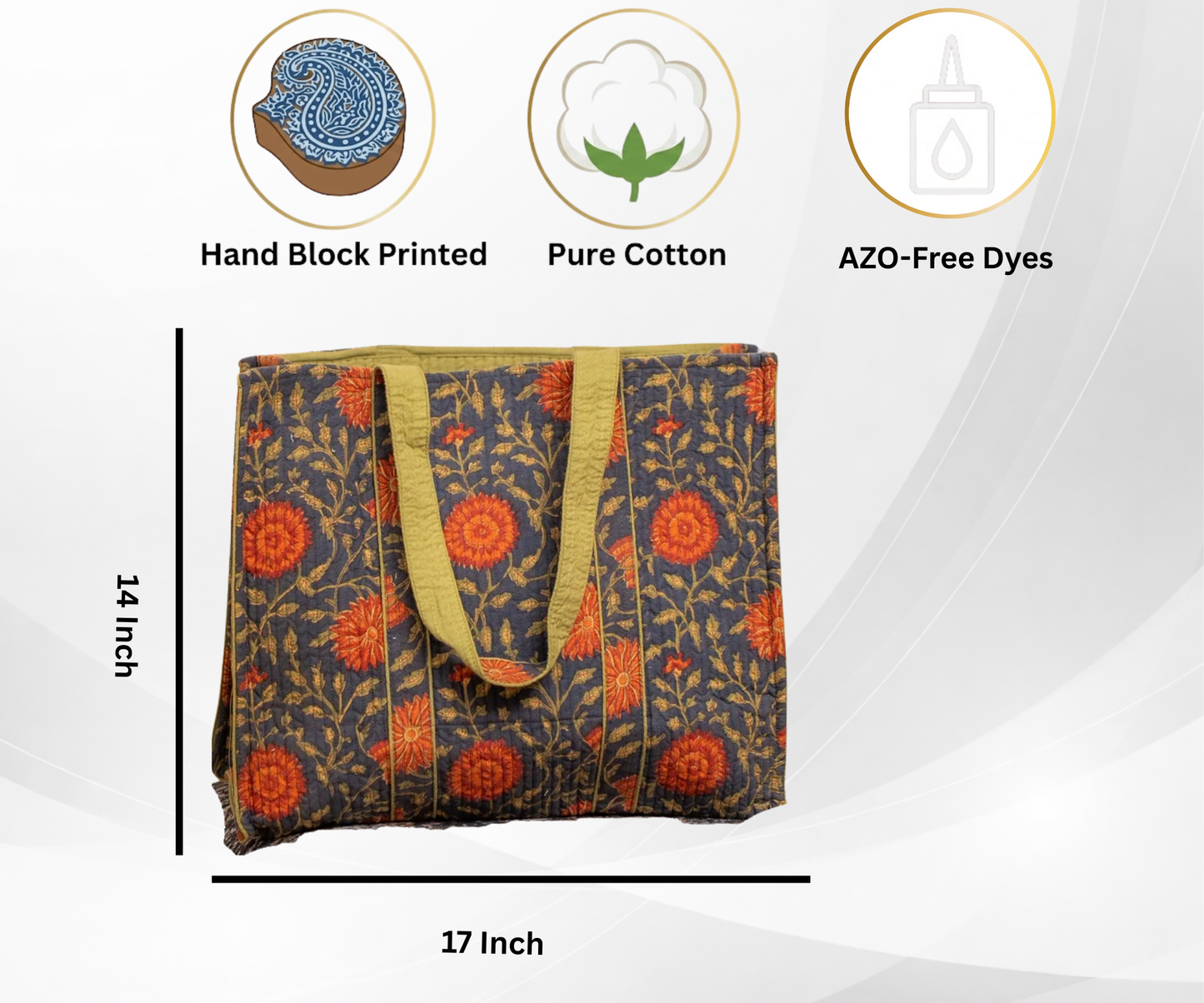 Awdhesh Kumar Chrysanthemum Garden Motif Cotton Hand Block Printed Tote Bag for Women