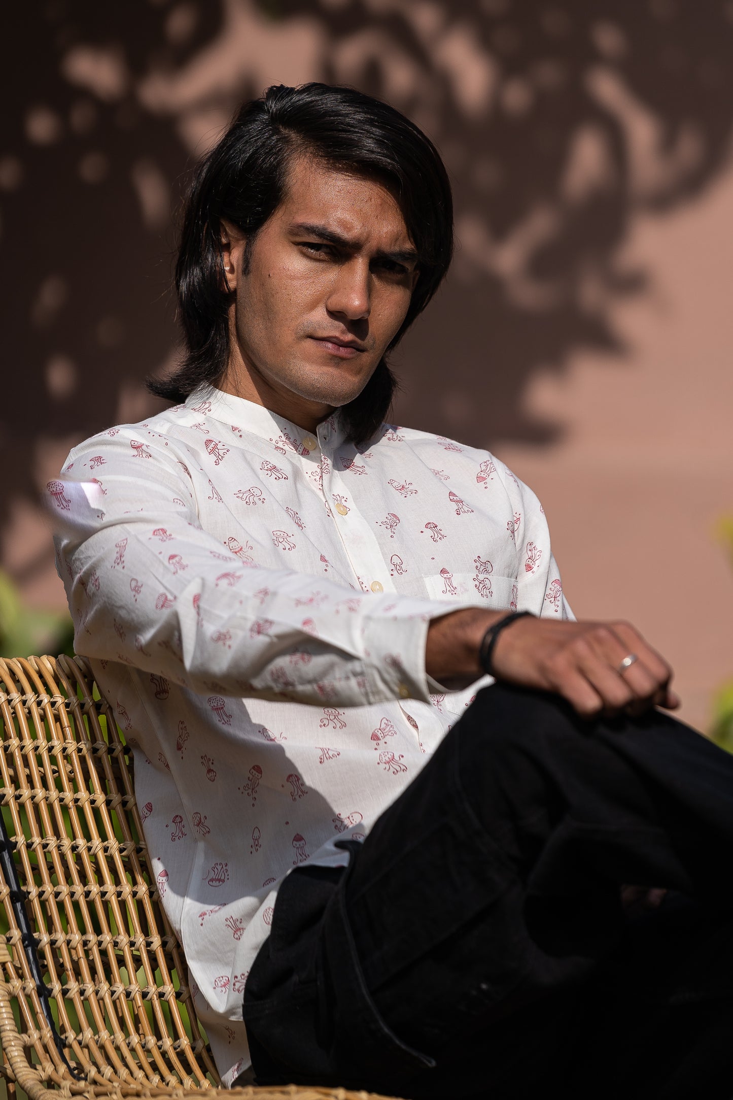 Full Sleeve Indian Hand Block Print Shirt White Printed Mandarin Collar Bloom Shirt 100% Cotton Fabric