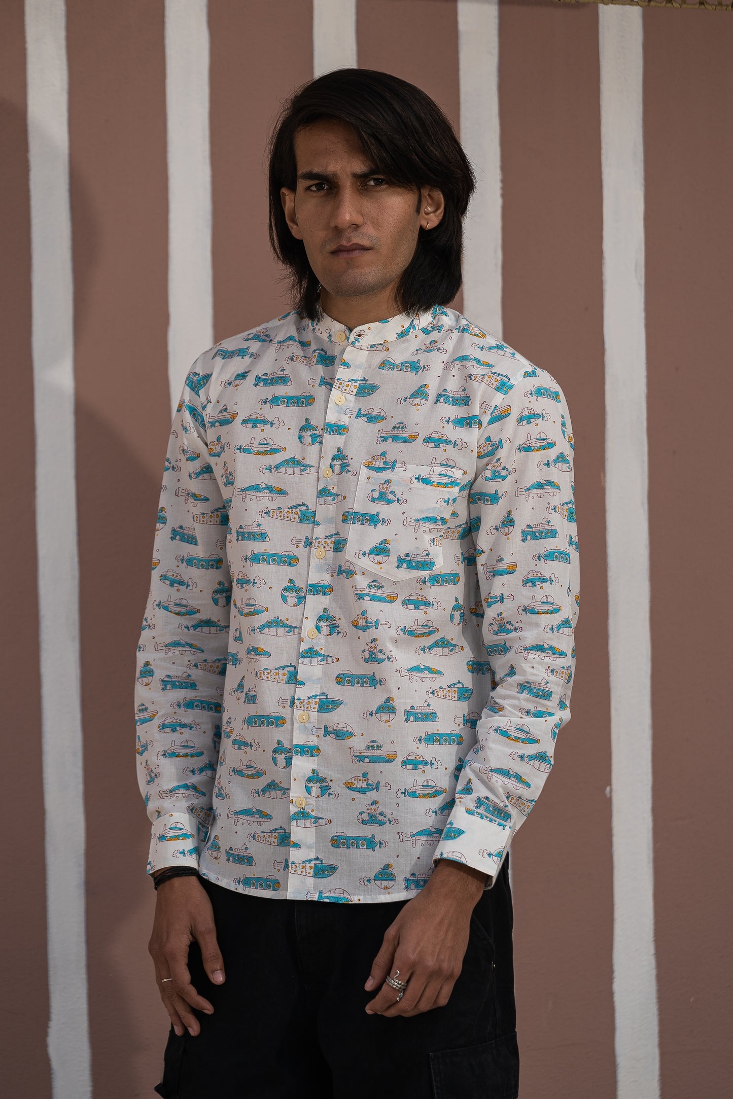 Full Sleeve Indian Hand Block Print Shirt White & Blue Printed Mandarin Collar Bloom Shirt 100% Cotton Fabric