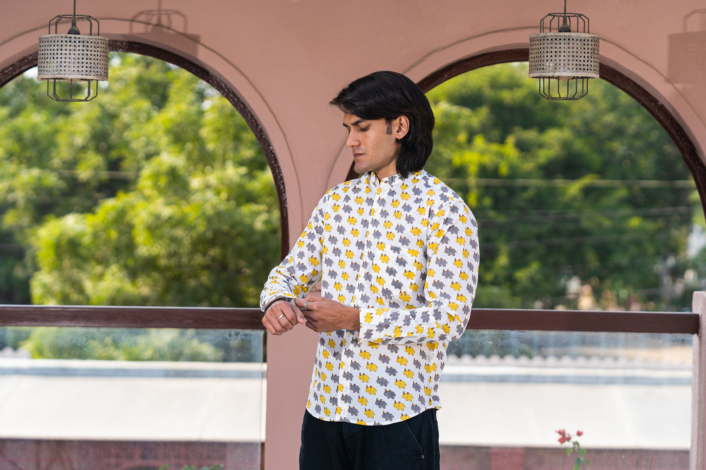 Full Sleeve Indian Hand Block Print Shirt Stylish Rhino – Casual Trendy Wear Shirt 100% Cotton Fabric