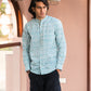 Full Sleeve Indian Hand Block Print Shirt Elegant Aqua Blue Printed Mandarin Collar Shirt 100% Cotton Fabric