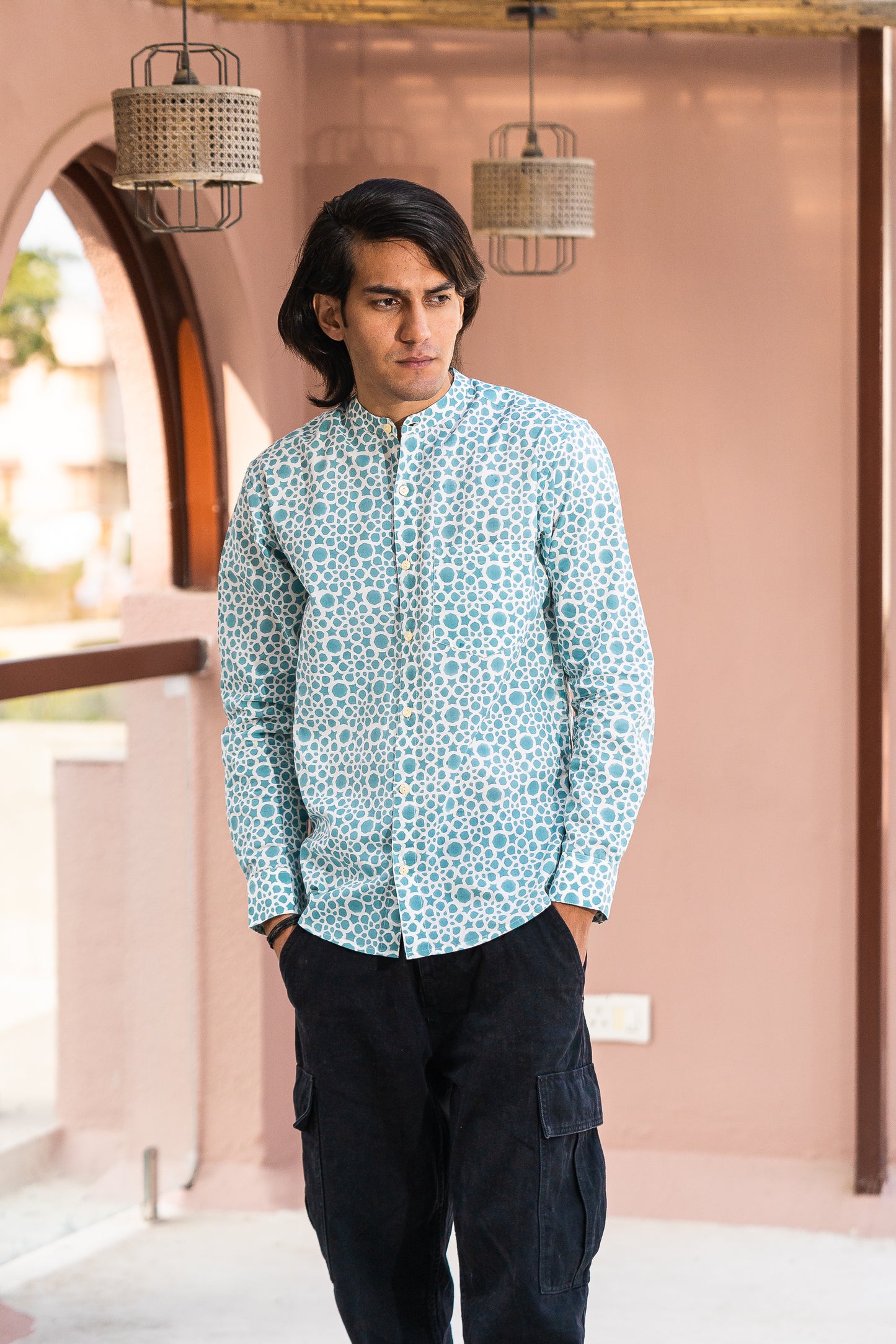 Full Sleeve Indian Hand Block Print Shirt Elegant Aqua Blue Printed Mandarin Collar Shirt 100% Cotton Fabric