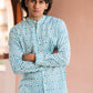 Full Sleeve Indian Hand Block Print Shirt Elegant Aqua Blue Printed Mandarin Collar Shirt 100% Cotton Fabric